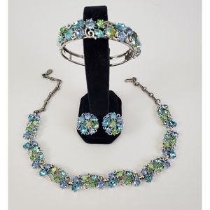Vintage Lisner Parure Set Rhinestone Blue Green